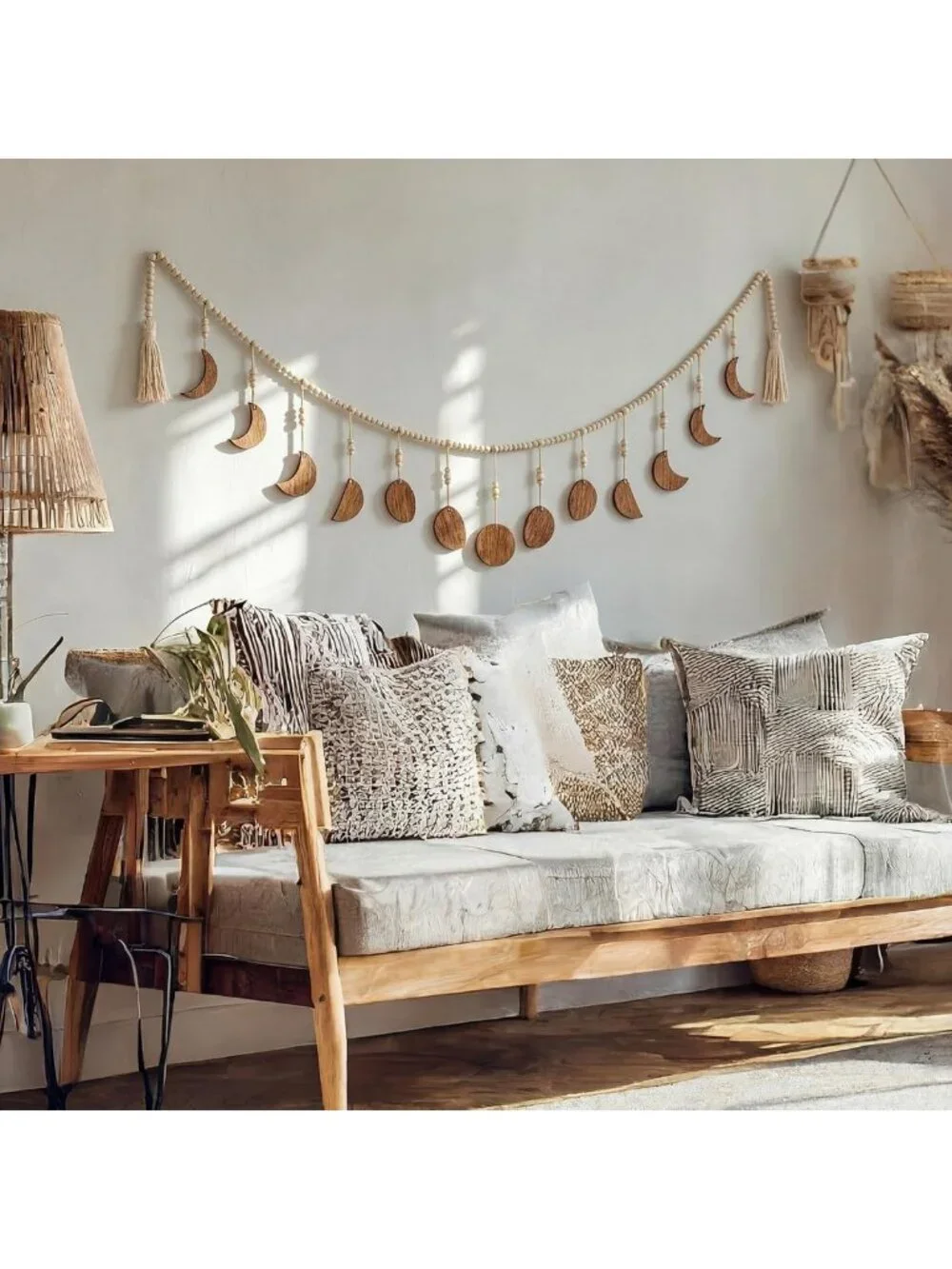 Boho Moon Phase Wall Art - Rattan Beaded Hanging Decor with Tassel for Bedroom